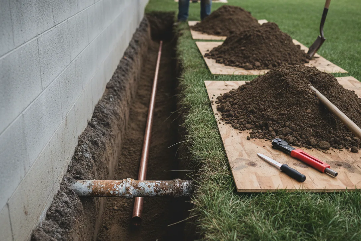 Excavated water line trench during Sewer Line Repair in Kingman